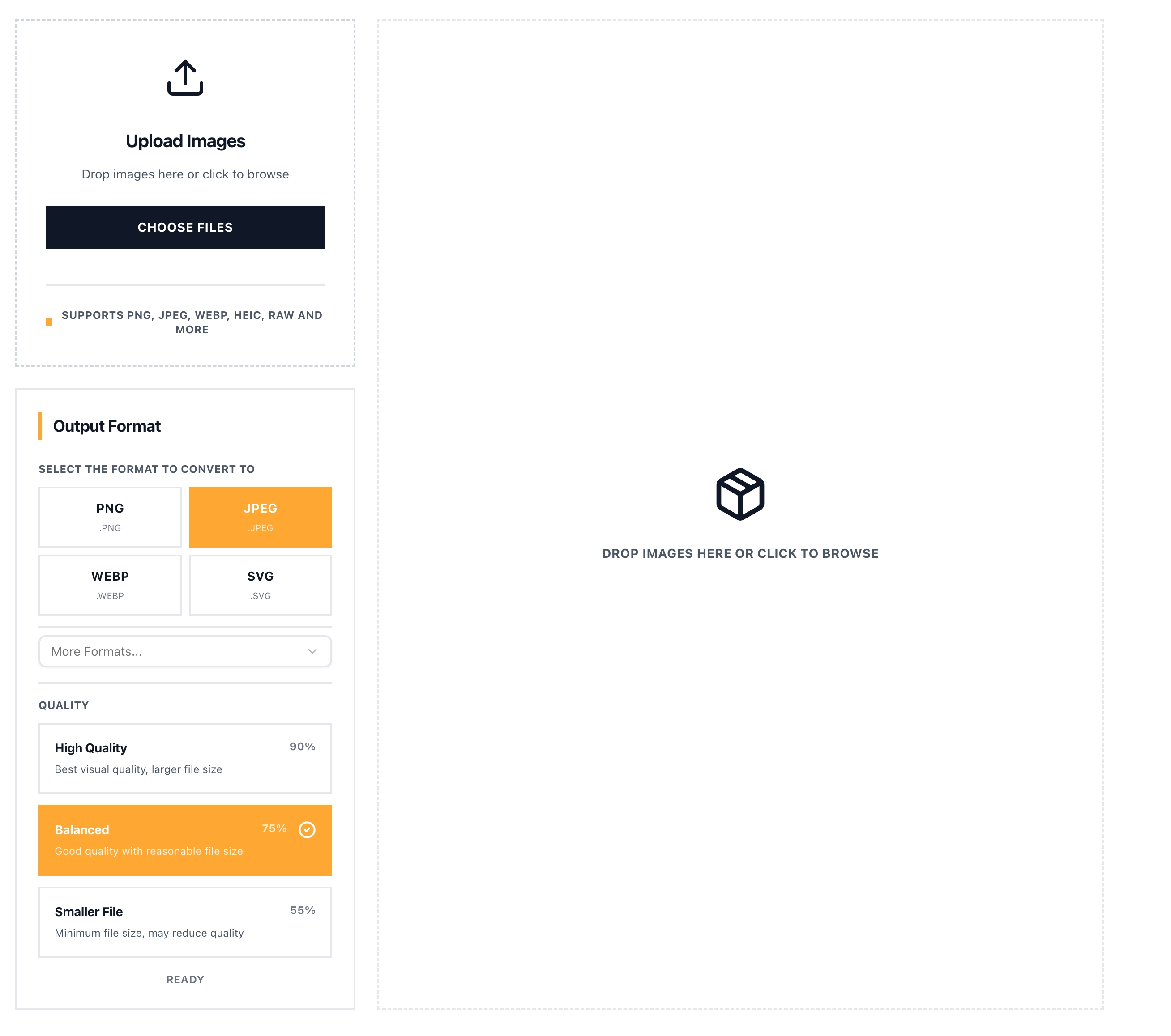 Interface du convertisseur OneImage avec une image téléversée et des options de format