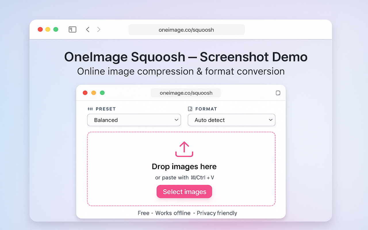 Squoosh extension popup showing drag-and-drop compression workflow.